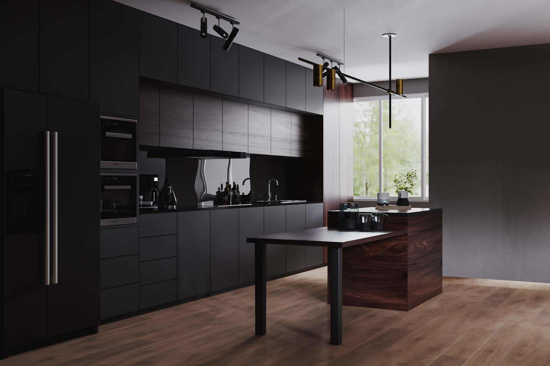 Kitchen Remodeling, Modern dark kitchen and dinning room interior with furniture and kitchenware, grey, black and dark wood kitchen interior background, luxury kitchen,